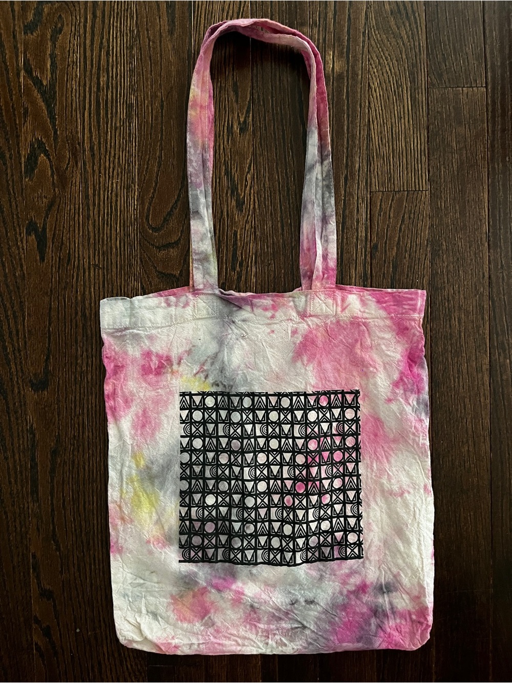 Pink Tie-Dye Canvas Tote with Graphic Square Print